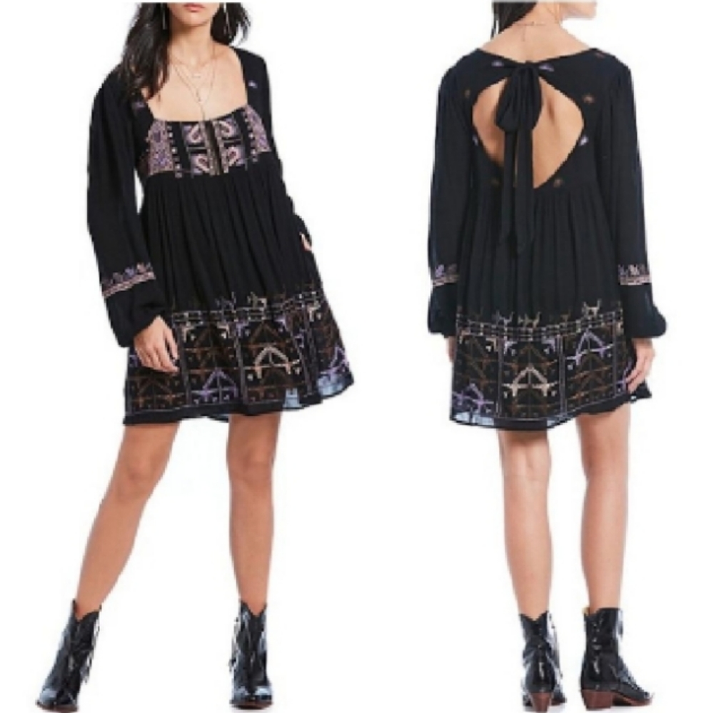 Free People Embroidered Long Sleeve Flowy Babydoll Mini Dress
